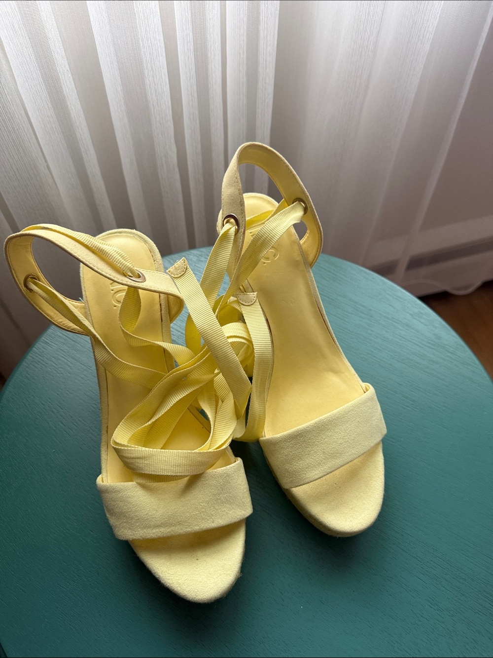 INC International Concepts Yellow Suede Ankle Tie Sandal Heels